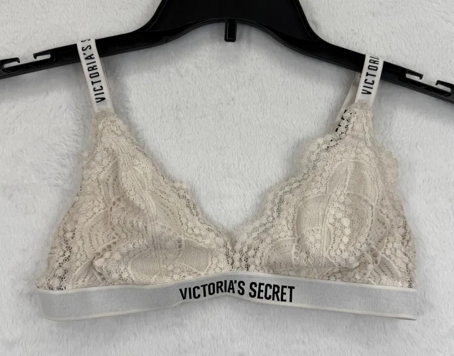 Victoria's Secret Lace Bralette Beige Logo Strap Lingerie Women's Size M