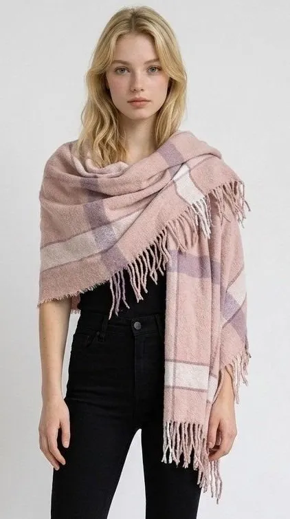 Free People Pink Plaid Oversized Blanket Scarf Fringe Trim Boho Shawl Wrap OS