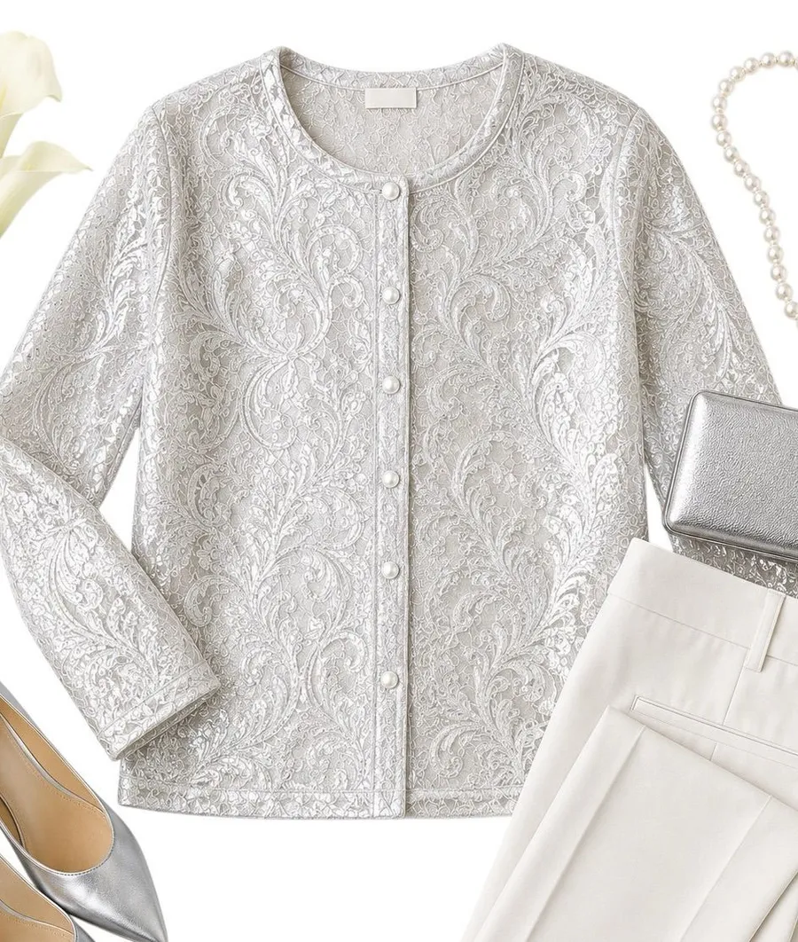 Princess Cruises Silver White Metallic Vintage Embroidered Cardigan Women’s XL