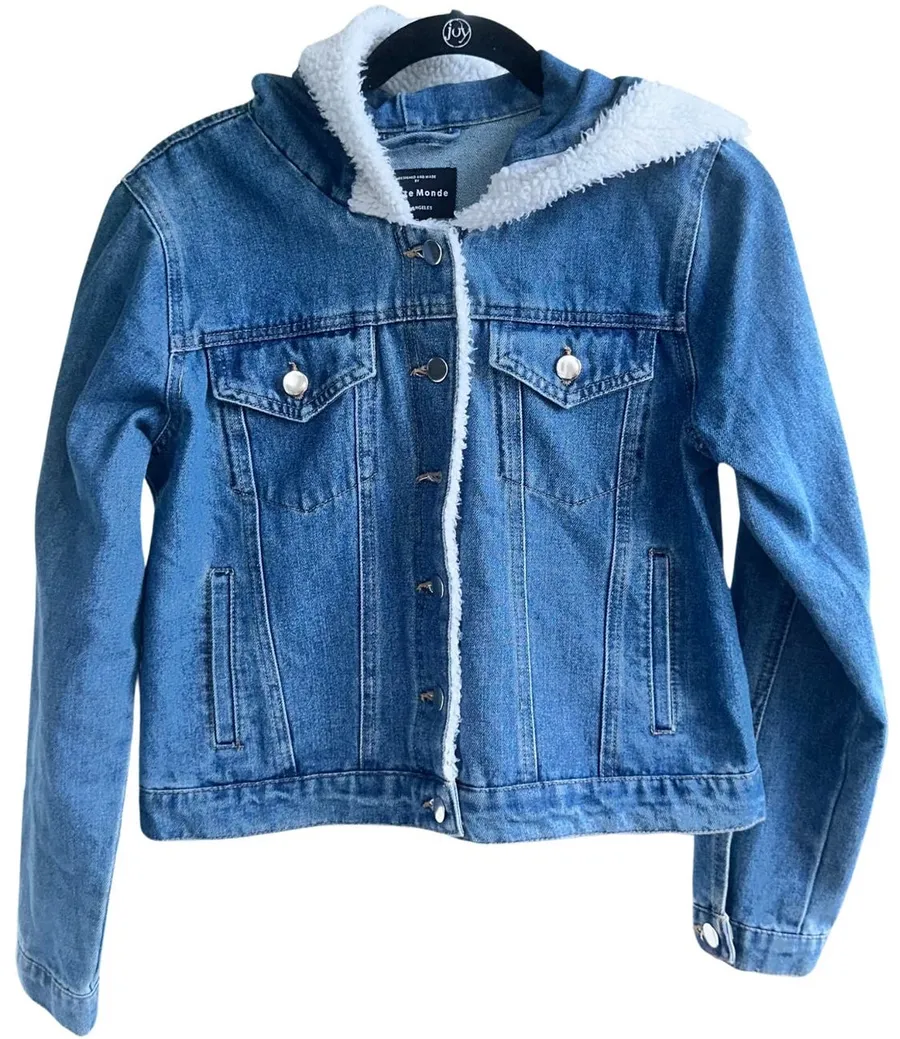 Haute Monde Jean Jacket Faux Fur Hood Denim Jacket Pockets Womens Sz Small NWOT