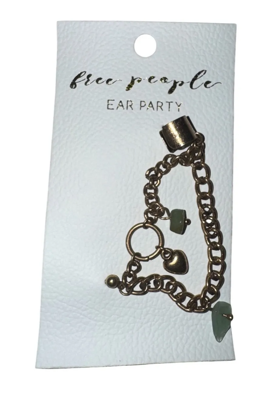 Free People Ear Party Gold Tone Chain Ear Cuff Stud Green Stone Heart Charm NEW