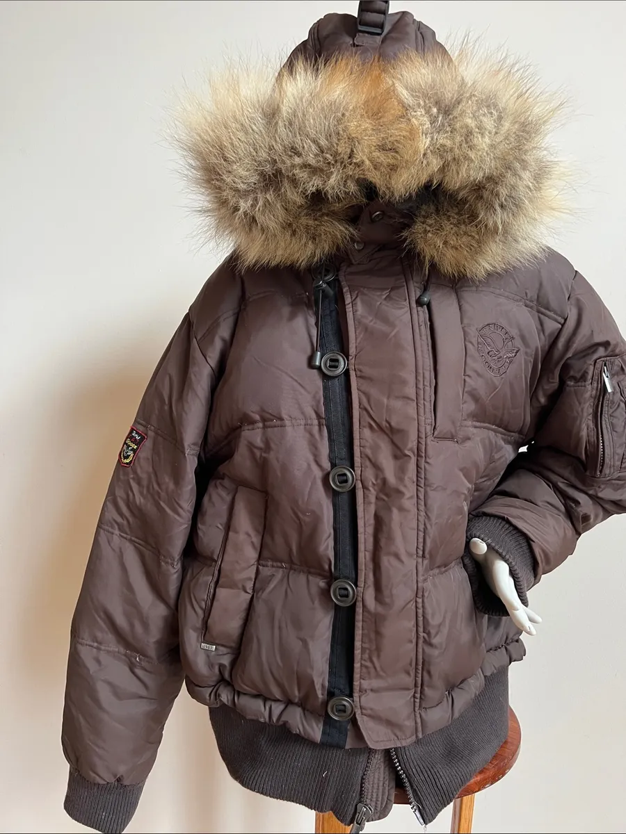 Triple FAT goose down Jacket coyote Fur Hood luxury warmth Brown Size XL