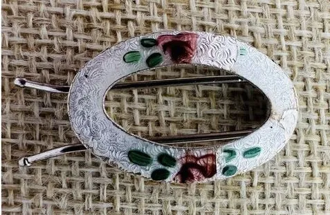 Vintage Art Deco Guilloche Enamel Hair Pin Barrette Pale Silver With Roses Oval