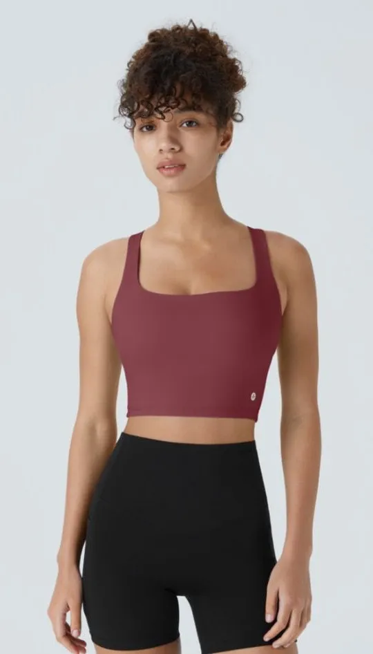 Halara SoftlyZero Square Neck Crisscross Back Cropped Tank Top Cordovan