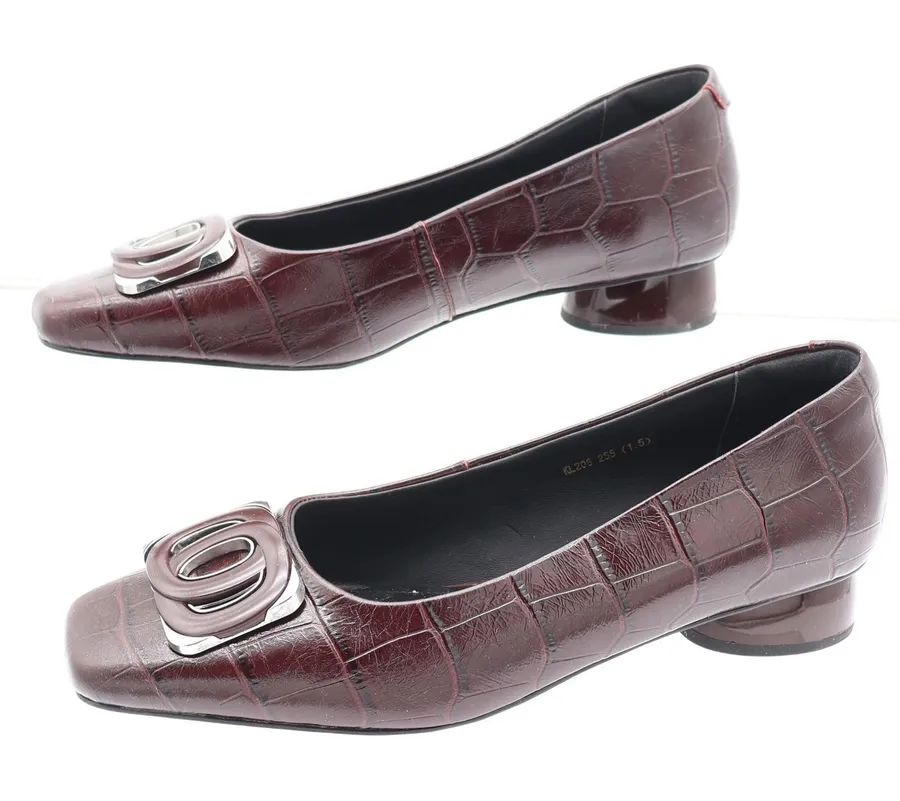 Vero Cuoio Burgundy Croc Embossed Leather Square Toe Buckle Low Block Heel 8