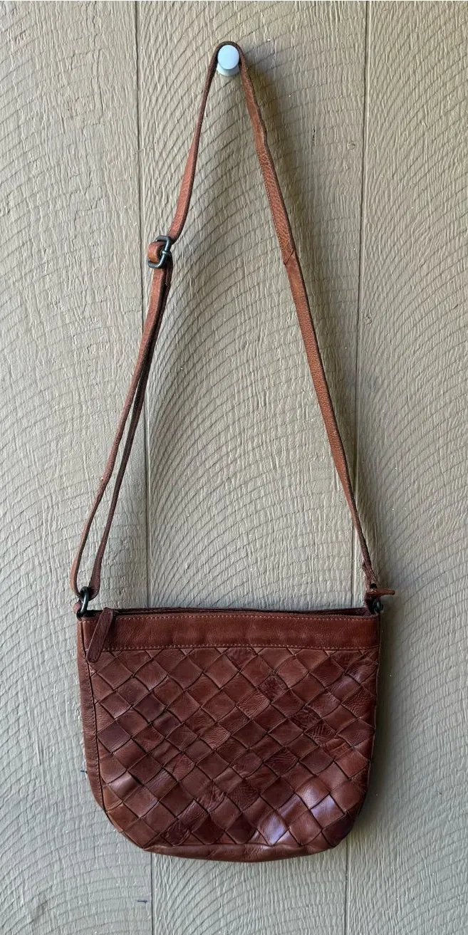 Vilenca Holland Cognac Woven Leather Crossbody Saddlebag Purse Brown