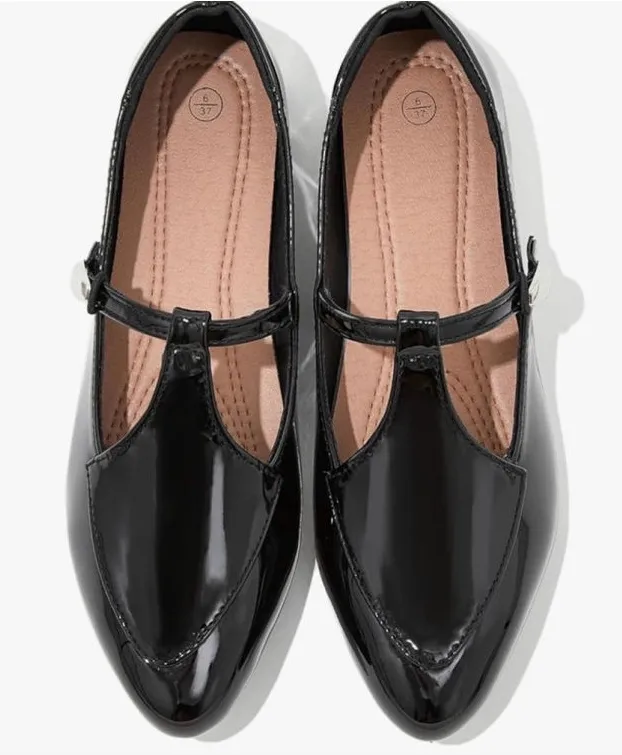 NEW Mary Jane Ballet Flats patent Vegan Leather Dress Comfy Soles Ankle Strap 10 Black