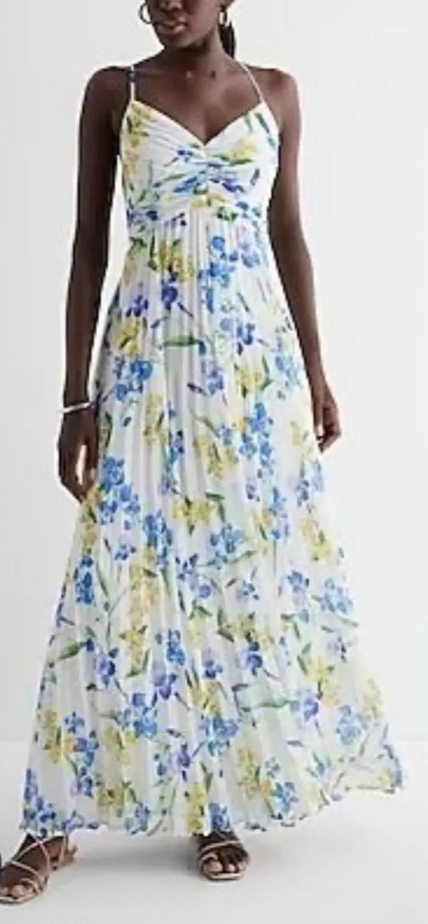 NWT Express Floral Maxi Dress in White with Blue & Yellow Flowers Size XS
