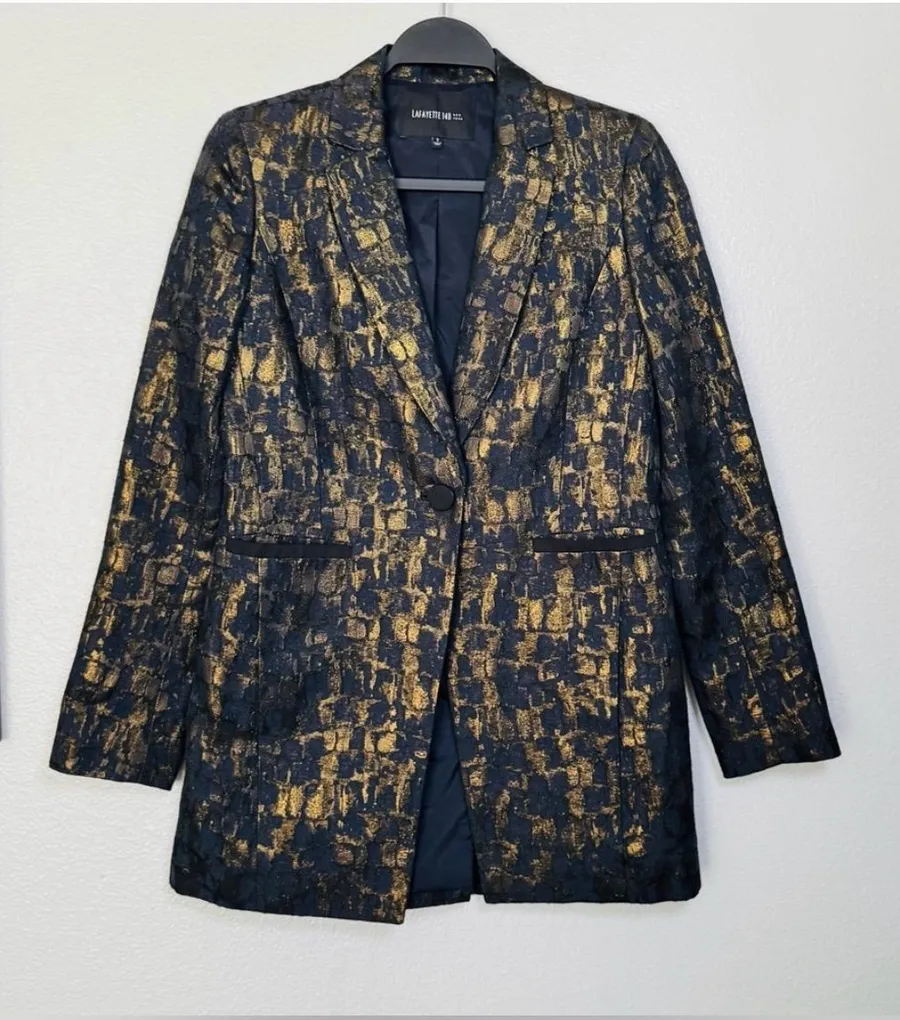 Lafayette 148 New York Gold Shimmer Metallic Blazer Size 2 Black