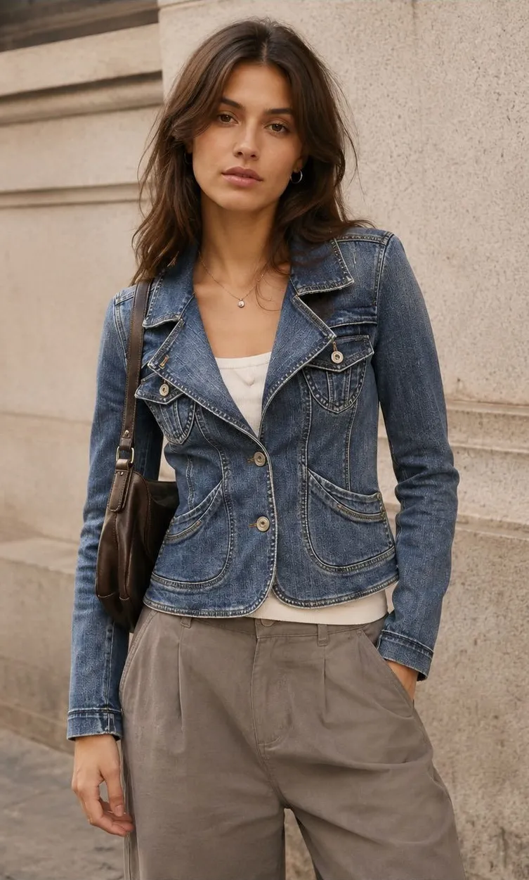 Vintage DKNY Y2K Fitted Denim Jacket Petite Small Classic Preppy Boho