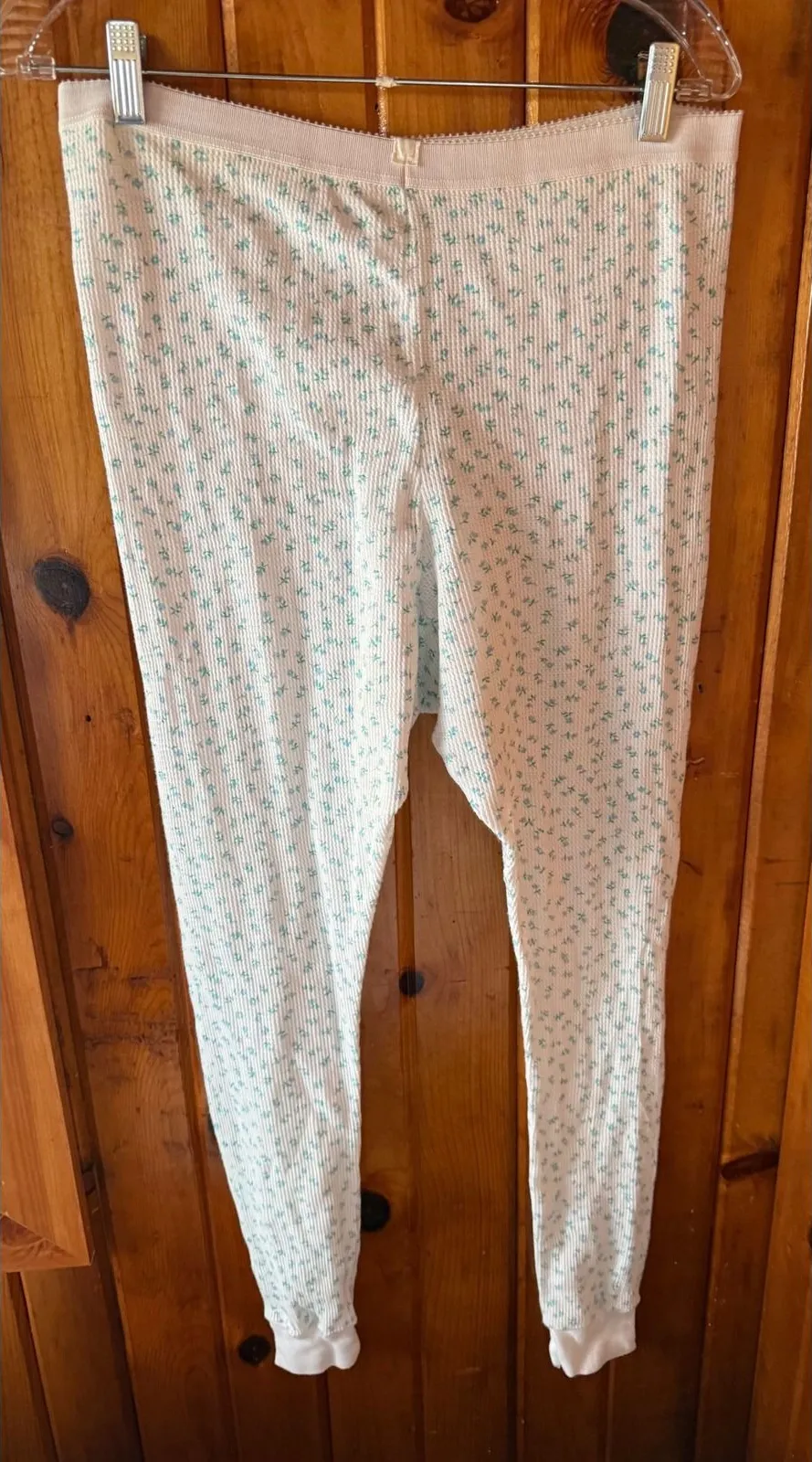 Vintage Pleasure Knit Floral Waffle Thermal long underwear White Blue size XL