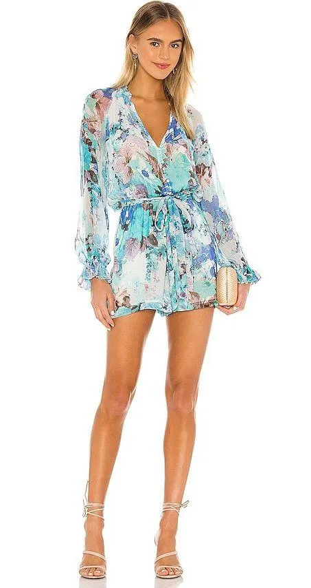 NWOT x Revolve Teien In blue Romper colorful coquette coastal chiffon watercolor floral Print Long Sleeve Shorts