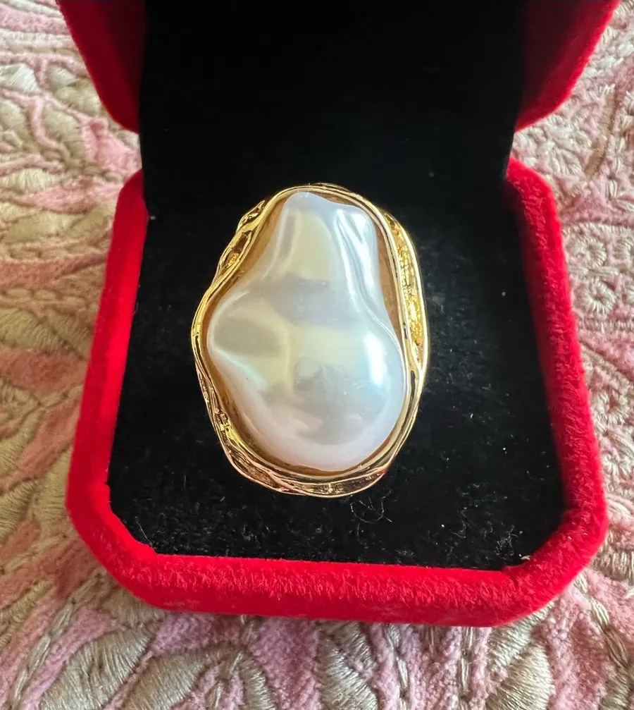 Gold Tone Baroque Pearl Statement Ring