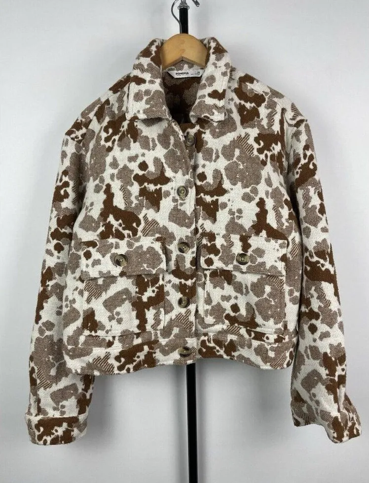 Sonoma White Brown Cow Print Cropped Button Up Shacket Shirt Jacket Size XS