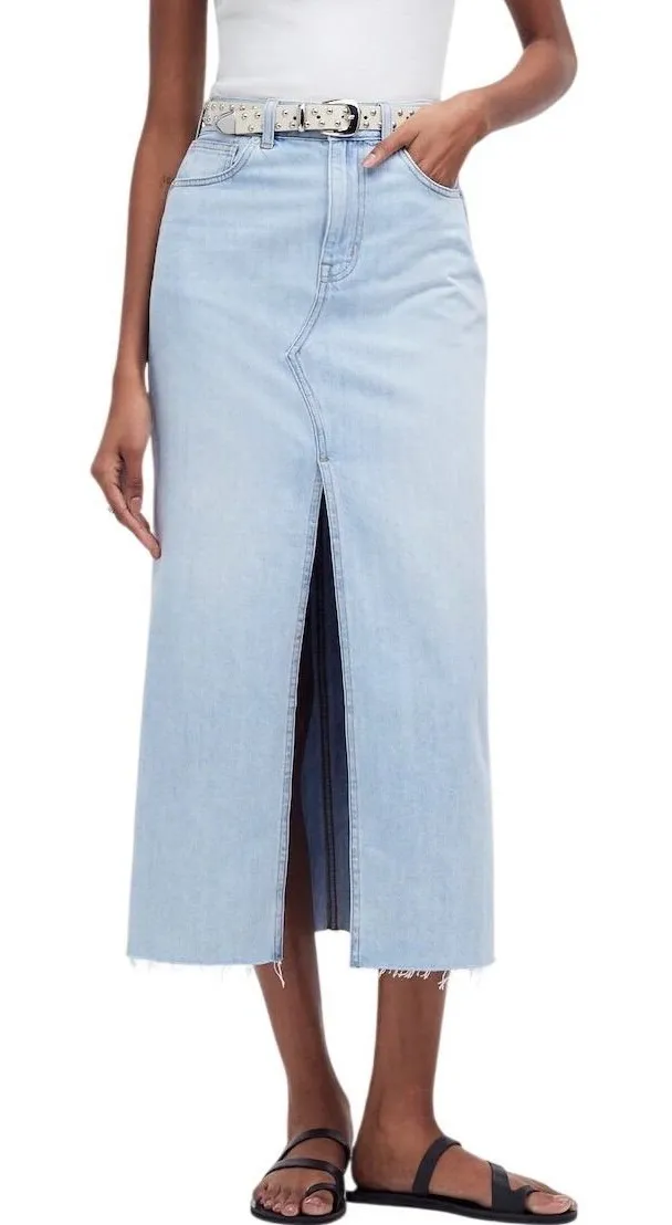 NWT Madewell Women's Rilee Denim Midi Skirt Front Slit Light Wash Blue Size 25