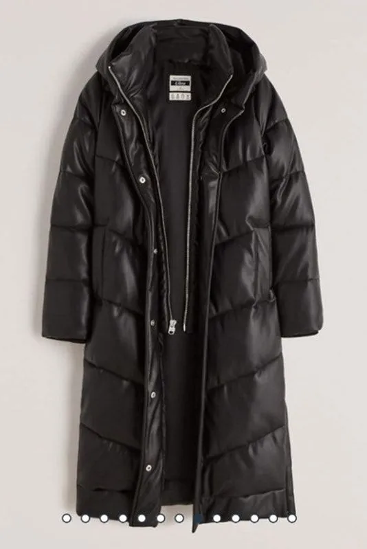 Abercrombie Vegan Leather Long Puffer Jacket Hooded Small Black Quiet Luxury