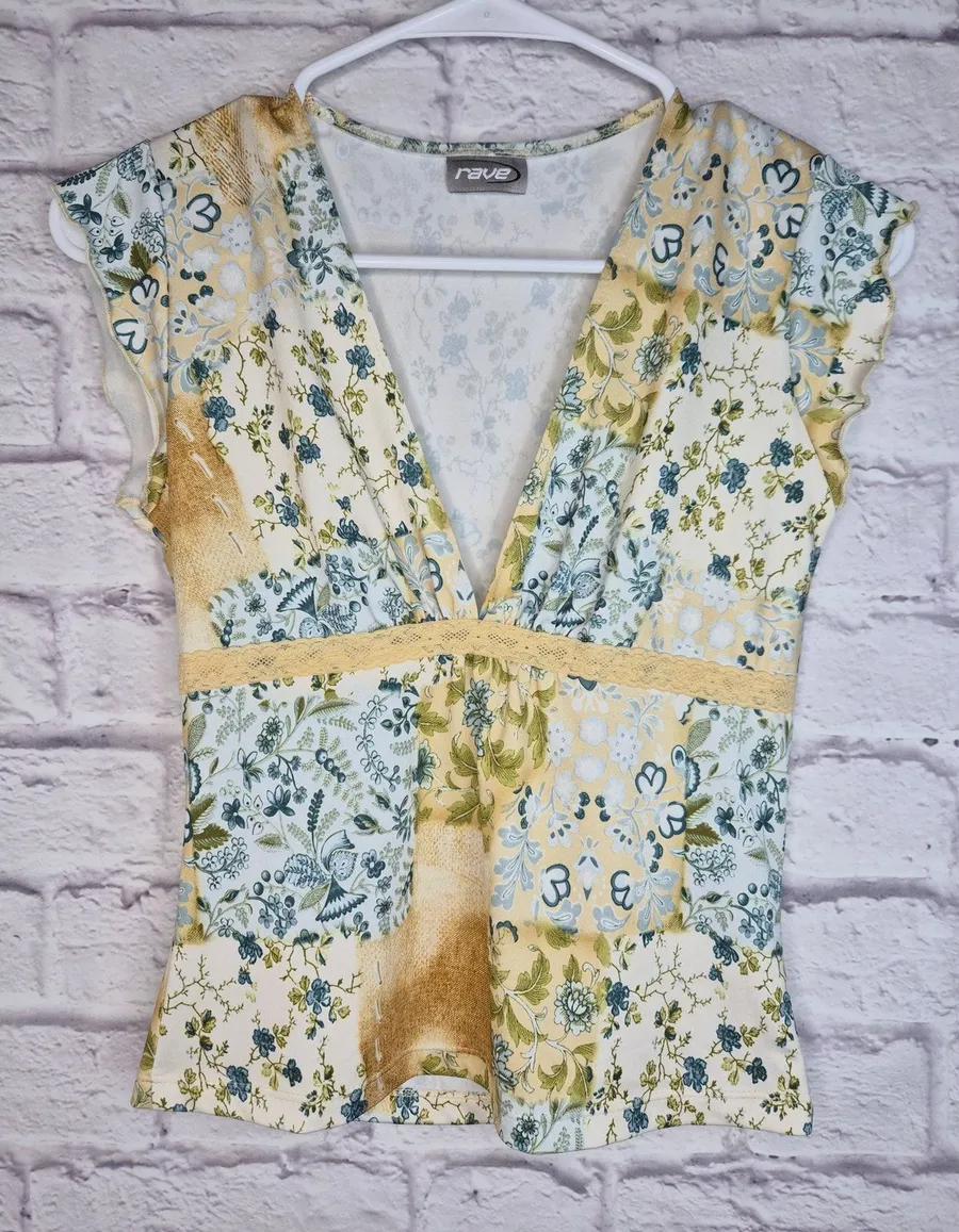 VTG Y2K Rave Patchwork Lace Top Cami Cap Sleeve Blue Yellow Cottagecore Sz S M Size M