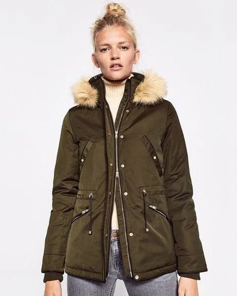ZARA Parka Army Green Fur Hooded Coat S
