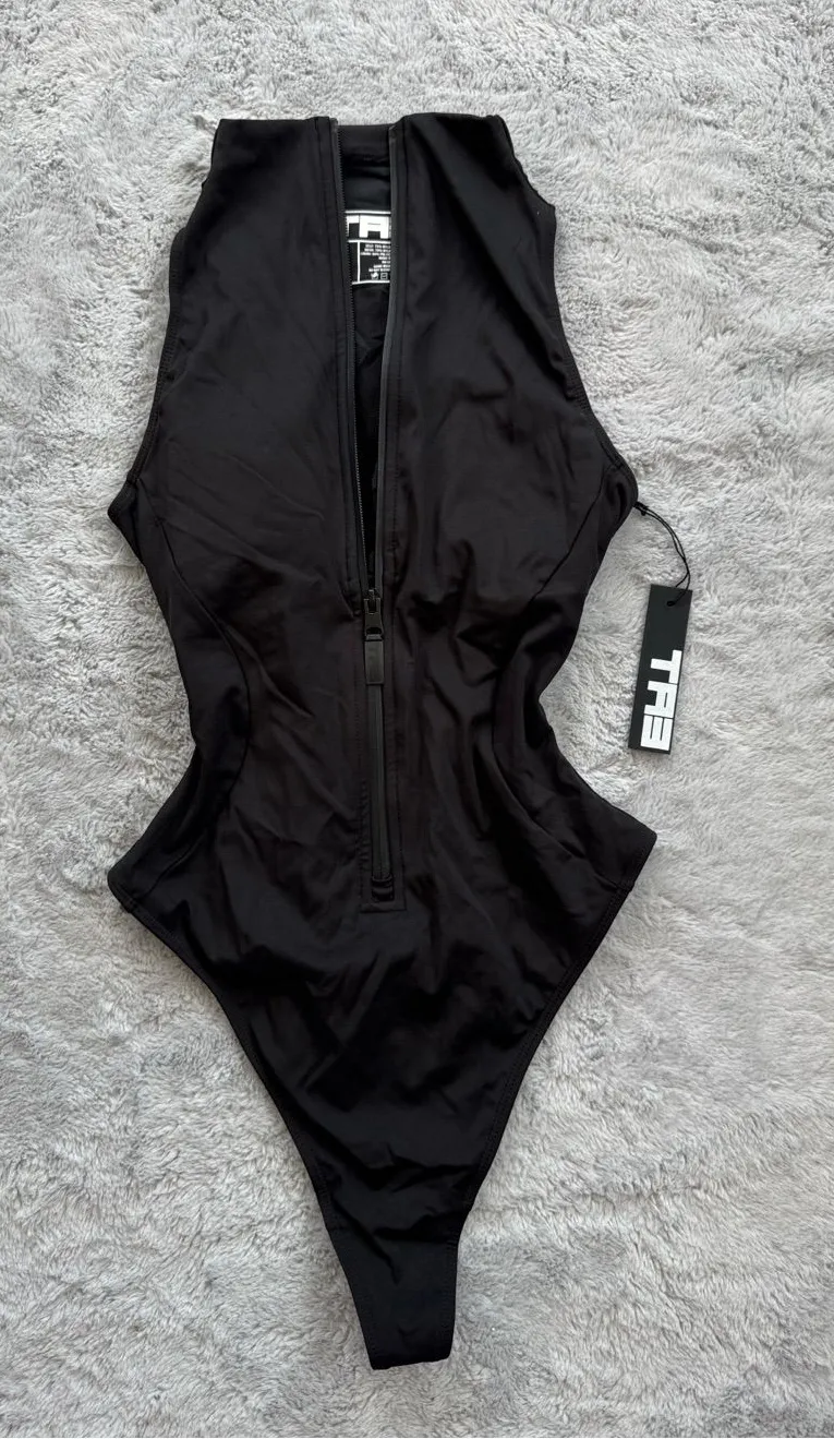 TA3 Sleeveless Surfy Thong Snatched Waist Lace Back Swimsuit Black Medium Reg