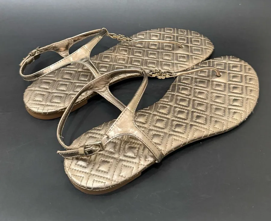 TORY BURCH Marion Quilted Gold Metallic Leather T-Strap Thong Sandals US Size 9M