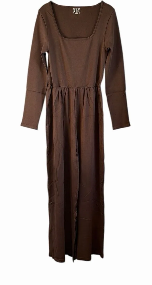 OQQ Brown Long Sleeve Square Neck Wide Leg Jumpsuit sz Large