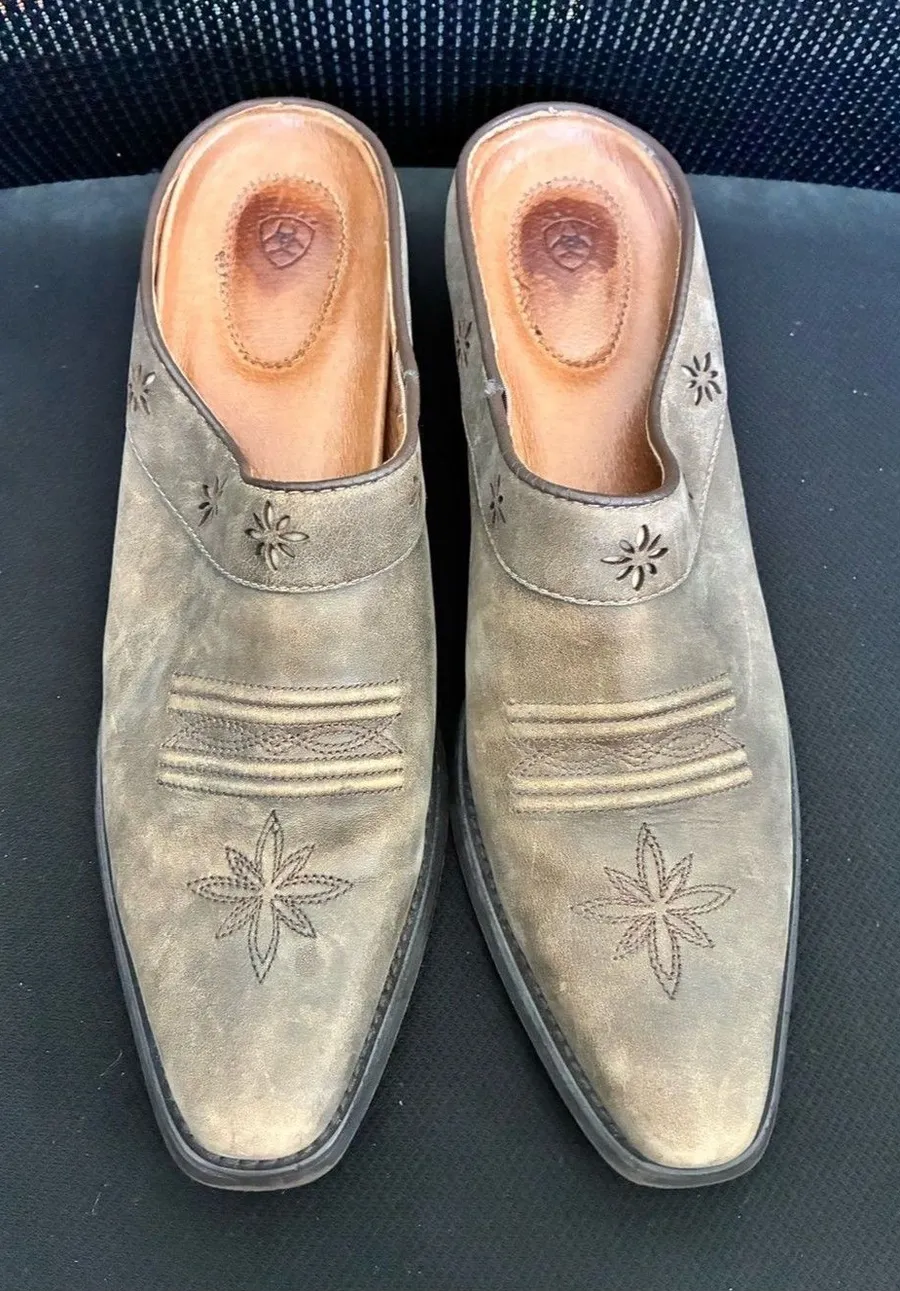 Ariat Desert Star Women’s Sz 8.5B Distressed Tan Leather Cowgirl Western Mules Green
