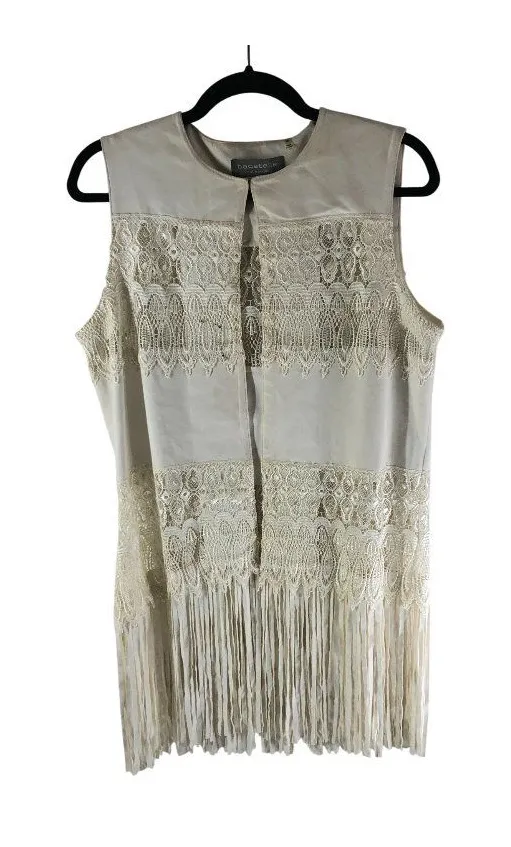 Bagatelle Collection White Sleeveless Faux Suede Lace Fringe Vest M FLAW