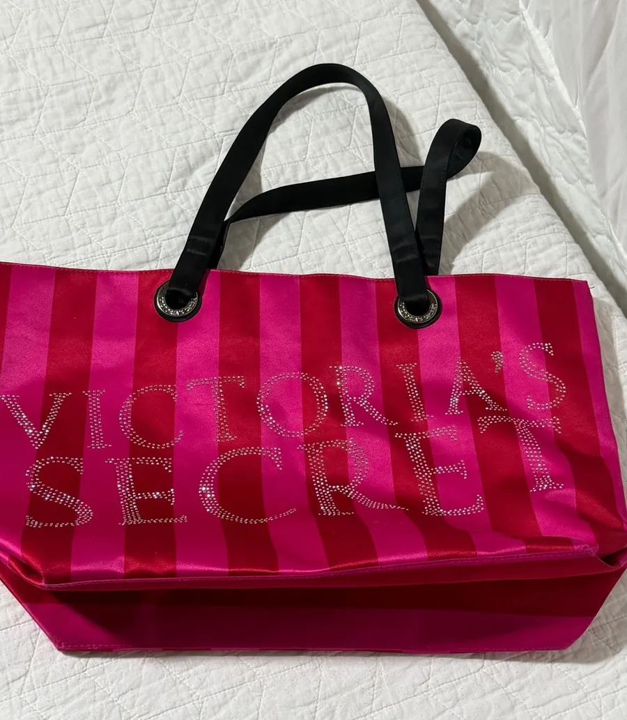 Victoria's Secret Pink Red Stripe Tote Bag Rhinestone Logo