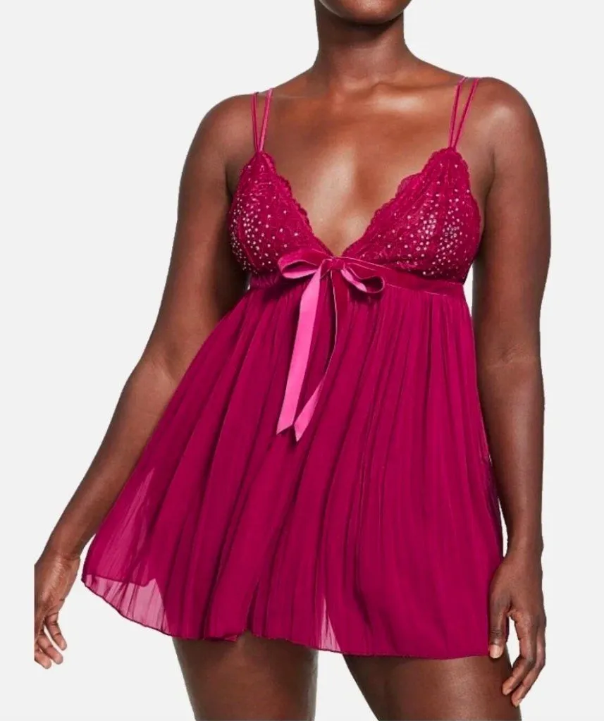 Victoria's Secret Pleated Embellished Babydoll - Claret Red - Size M - 11211557