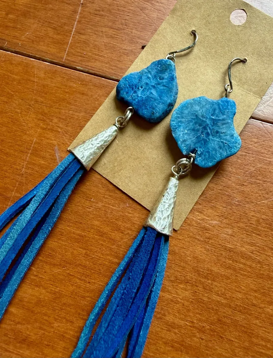 Blue Geode Stone Tassel Earrings | NWT | Handmade, Unique Leather Jewelry