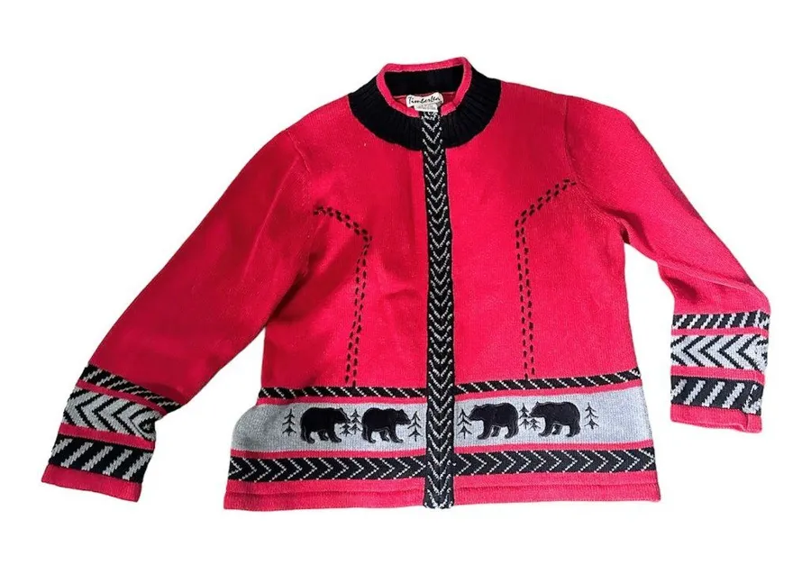 Timberlea Women's Red Black Bear Motif Cardigan Sweater XL