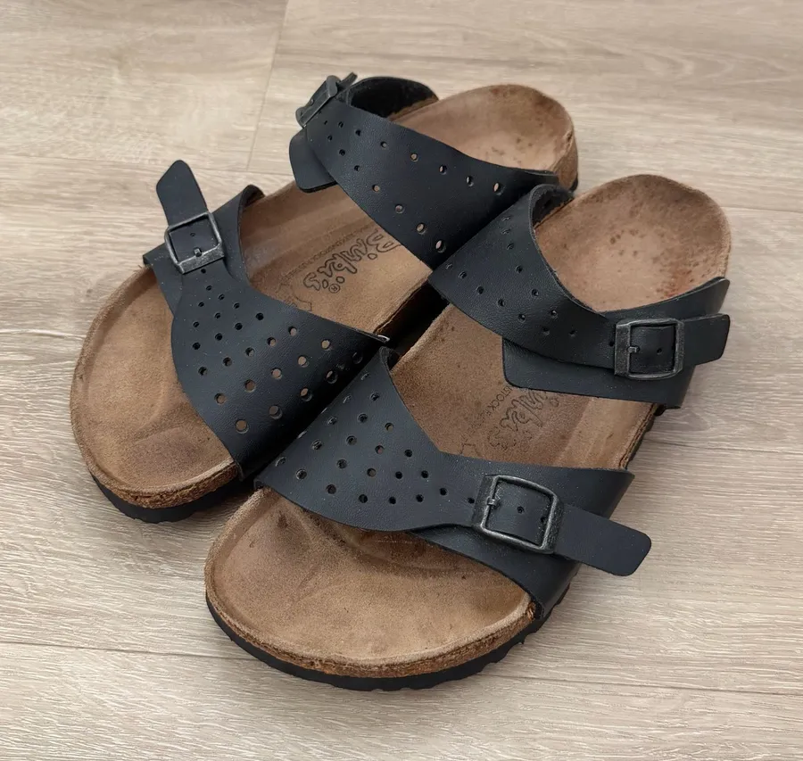 Birkenstock Birkis Black Leather Perforated Strap Sandals Women's Size 8