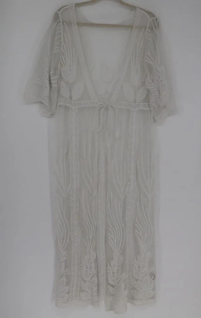 Cupshe Ivory Floral Lace Boho Kimono Maxi Swim Cover Up Long Sheer Mesh Medium