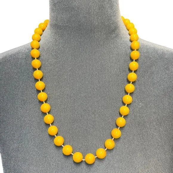 Vintage Yellow Pink Round Beaded Necklace 24" Swirls Boho Spring Easter Summer Yellow