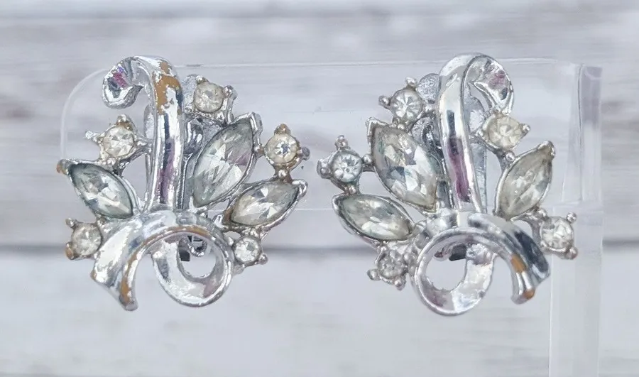 Vintage Clip On Earrings Silver Tone, Clear Gem