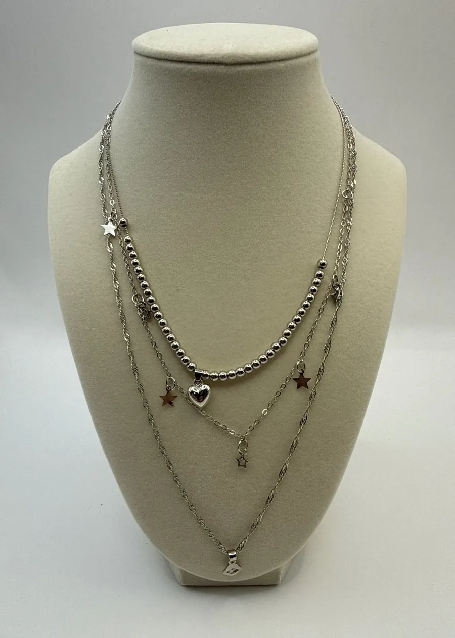 Silver Tone Triple Layered Necklace Heart Star Charms Beaded & Rope Chain Set