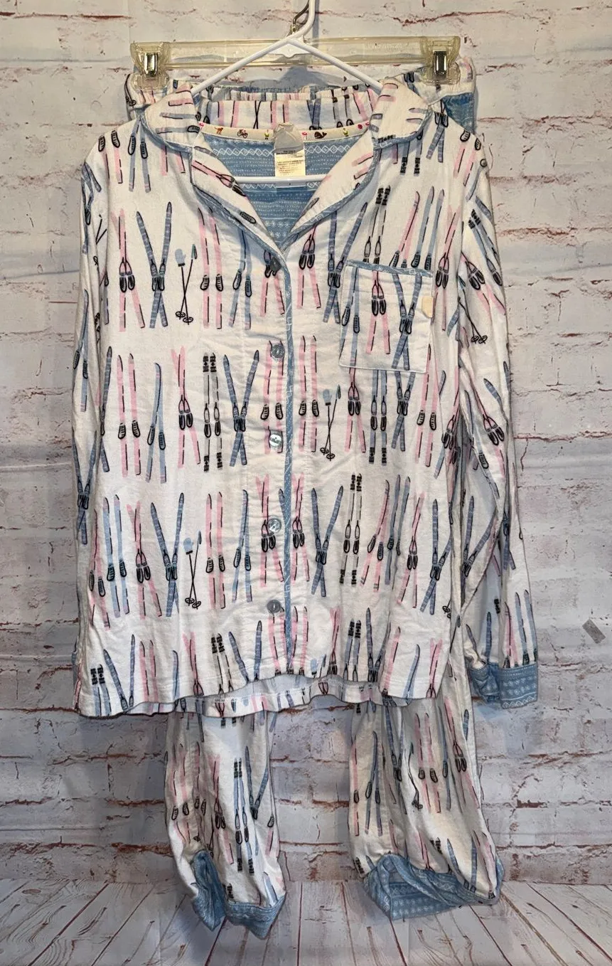 Munki Munki Women’s Ski Print Button Front Pajama Top pants S White Blue Pink