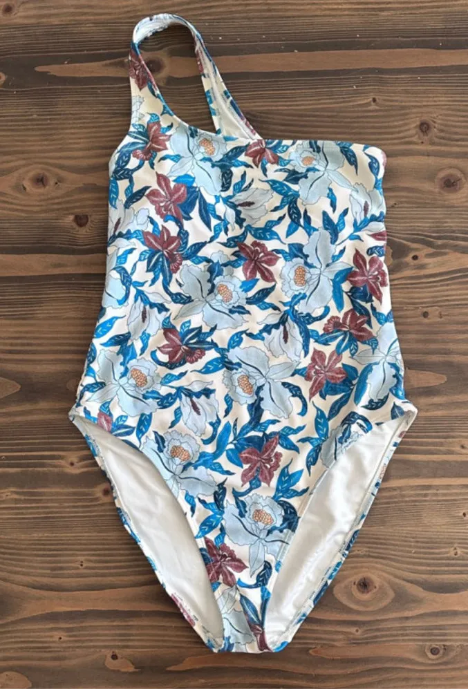 Old Navy One Shoulder Swimsuit Womens M Blue Floral One Piece