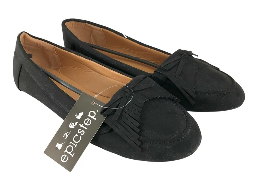 Epicstep Womens Loafers Flats Faux Suede Fringe Slip On Black Size 8