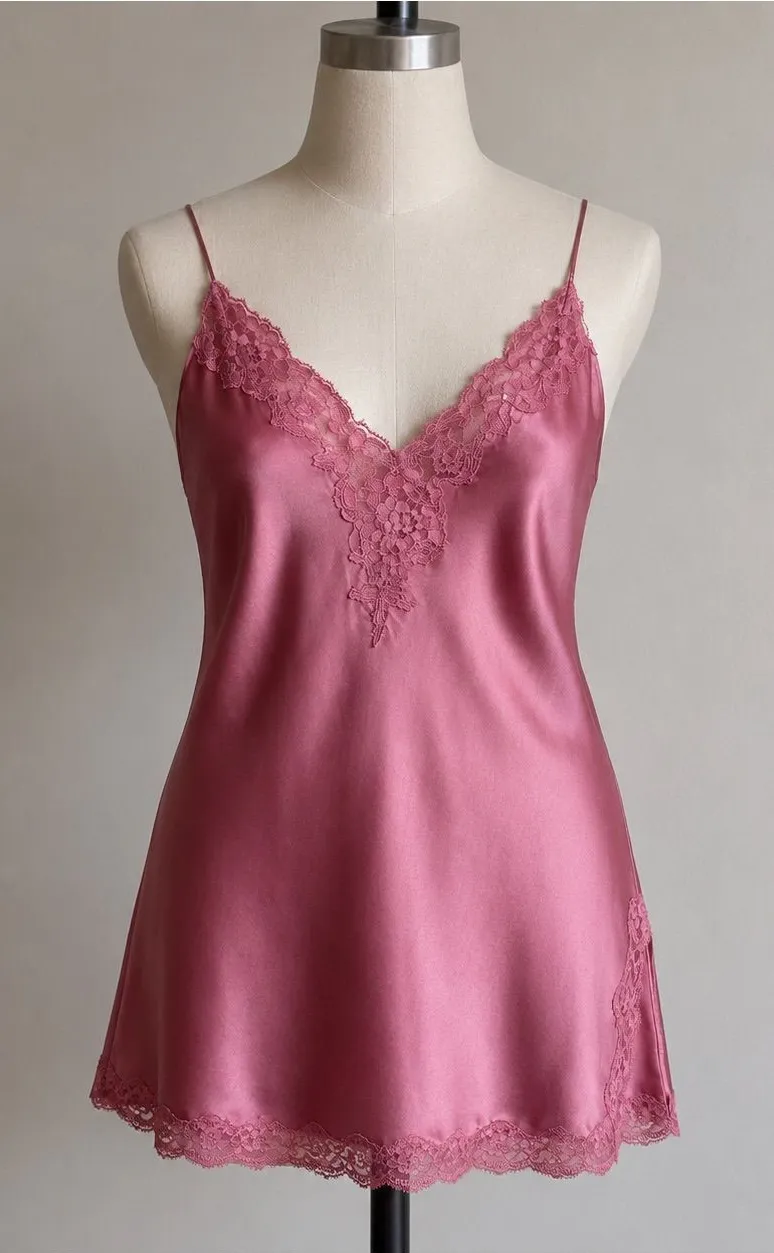 VTG Y2K Victorias Secret 100% Silk Mini Slip Dress M Pink Lace Open Mesh Back