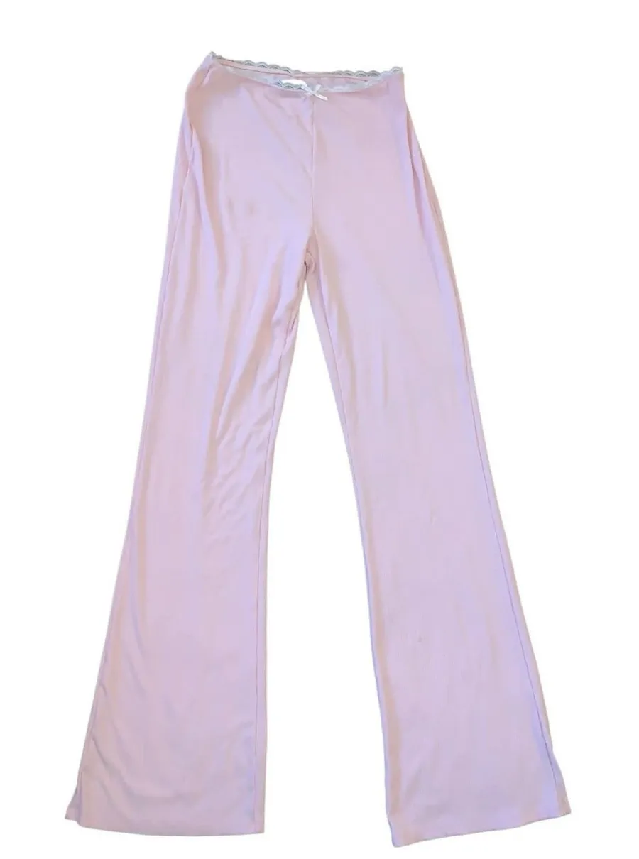 White Fox Lounge Pants Women S Pink Ribbed Lace Trim Flare Coquette Balletcore