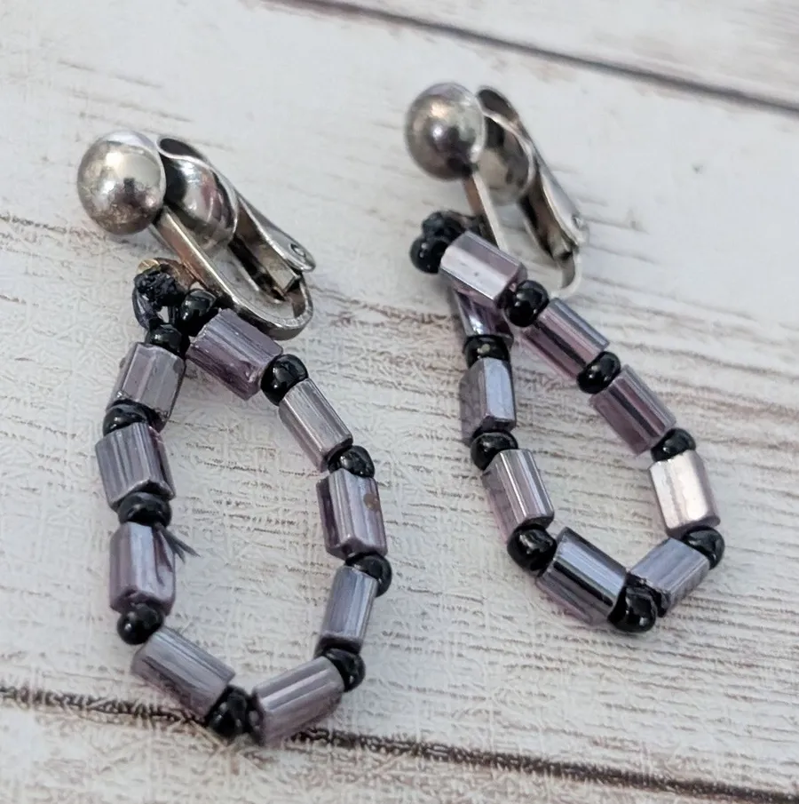 Vintage Clip On Earrings Mauve and Black Dangle