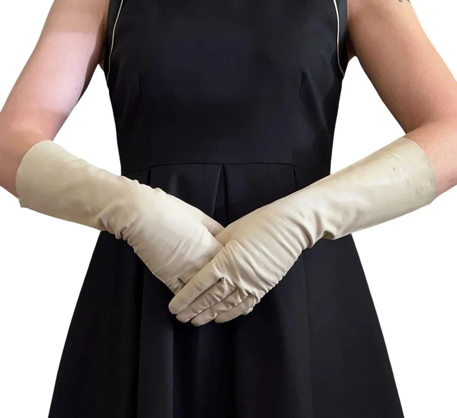 Vintage Kidskin Bone White Italian Leather Forearm Long Evening Gloves Sz 6/6.5
