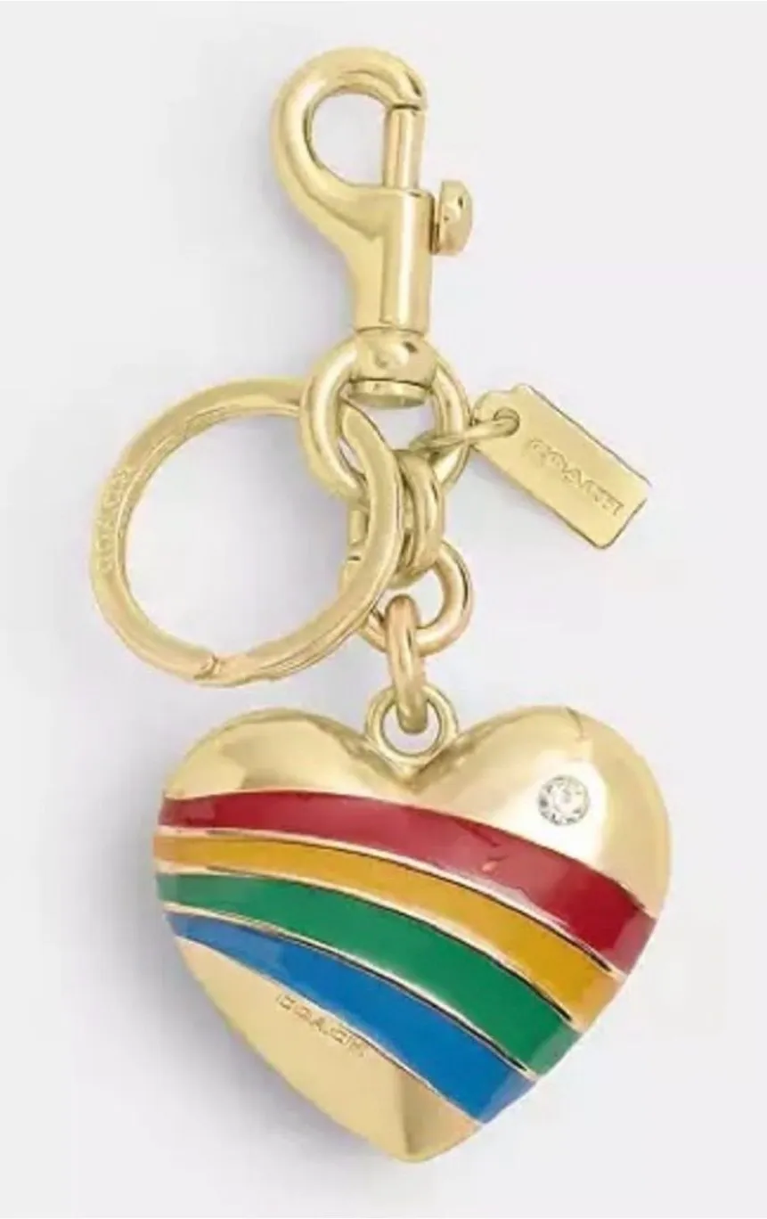 COACH Gold Heart Rainbow Stripe Keychain NEW