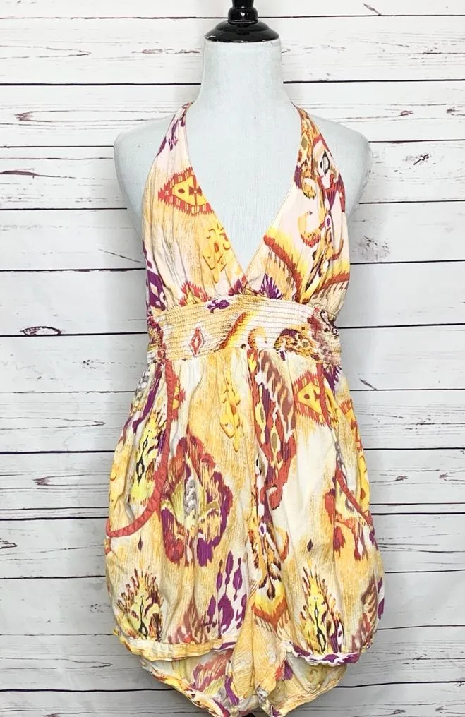 Yellow & Orange Paisley Halter Summer Festival Romper with Pockets Size Medium