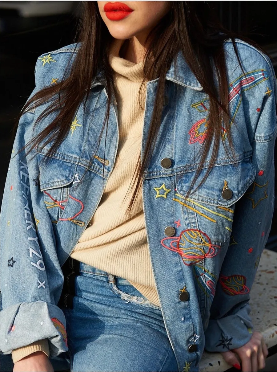 ASOS x Refinery29 Space Embroidered Denim Jacket Light Wash Rocket Star XS