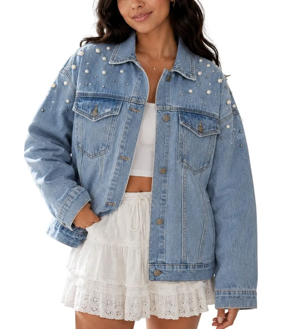 Pearl Denim Jacket Small Oversized Coquette Festival Forever 21