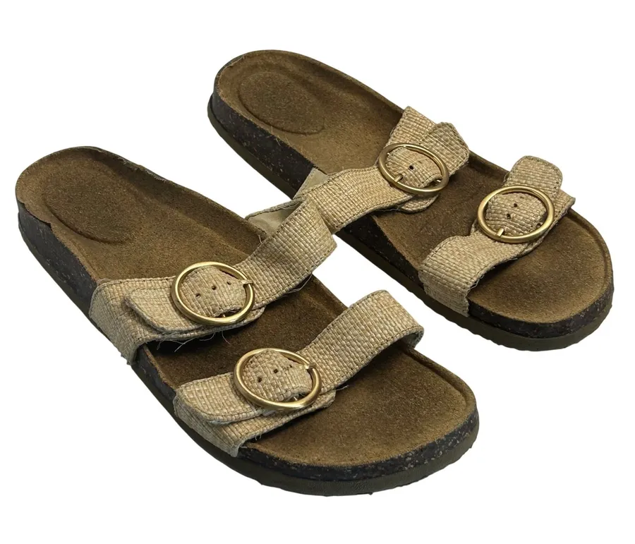 Aerie Tan Woven Double Strap Buckle Slide Sandals Womens 8 Cork Midsole