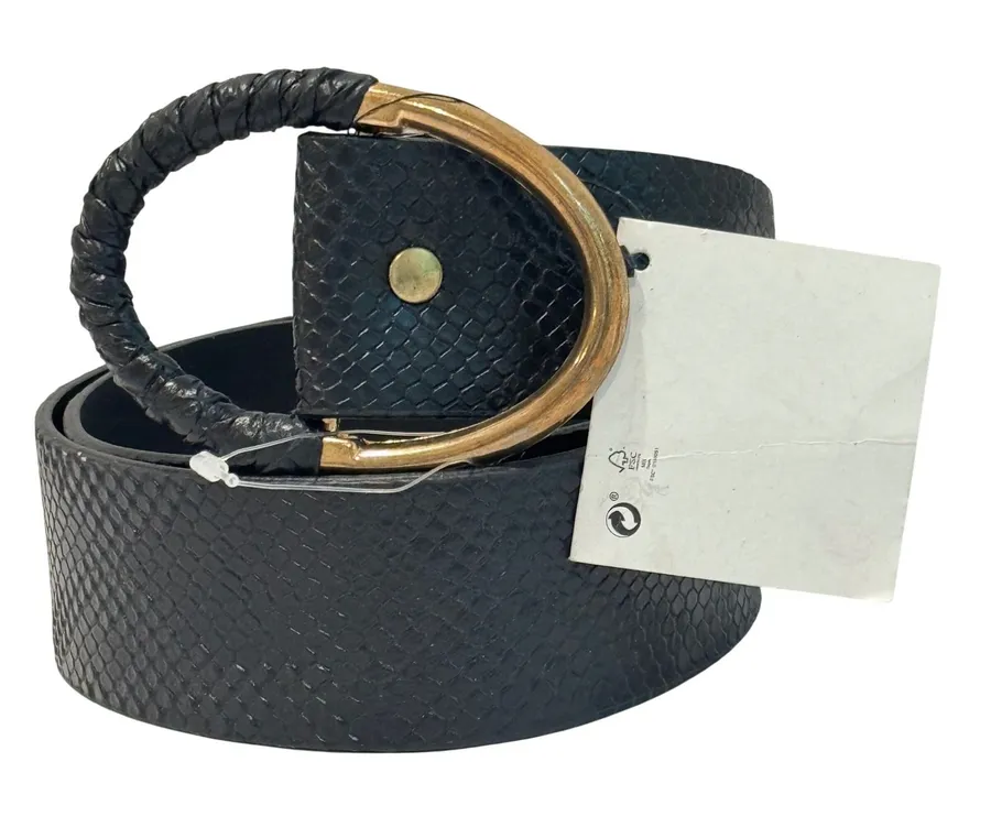 NEW Zara Snakeskin Embossed Belt Womens M/L 33in Black Braided Gold Buckle Wide