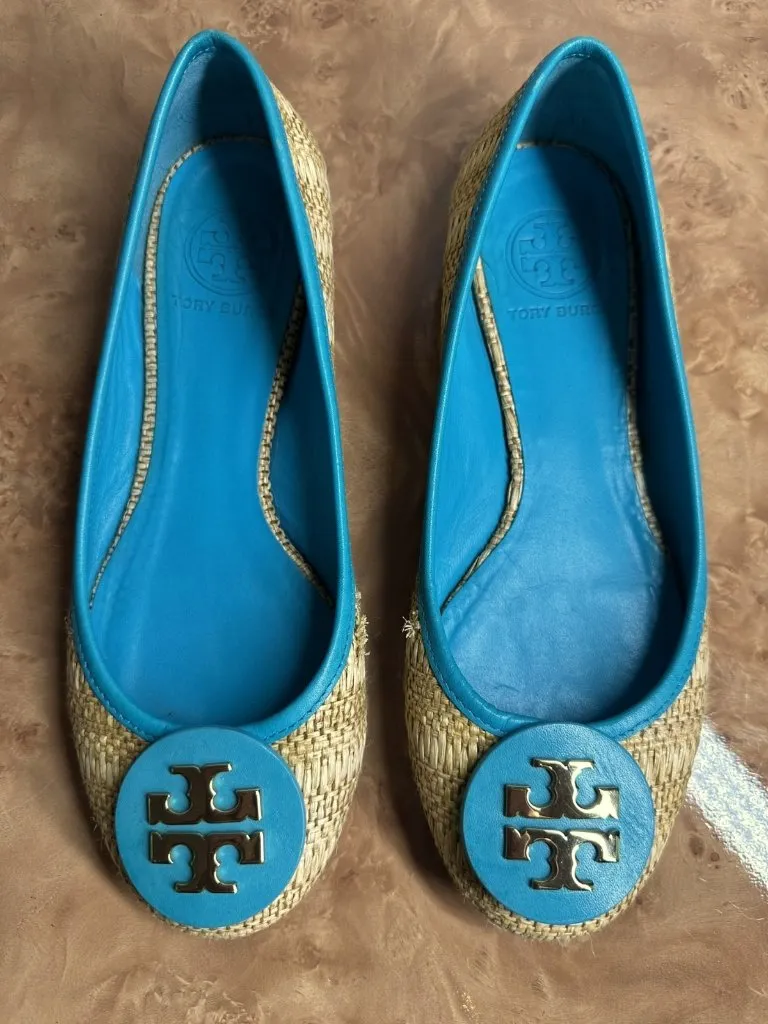 Tory Burch Reva Raffia Ballet Flats Blue Leather Trim Gold Logo Size 7M